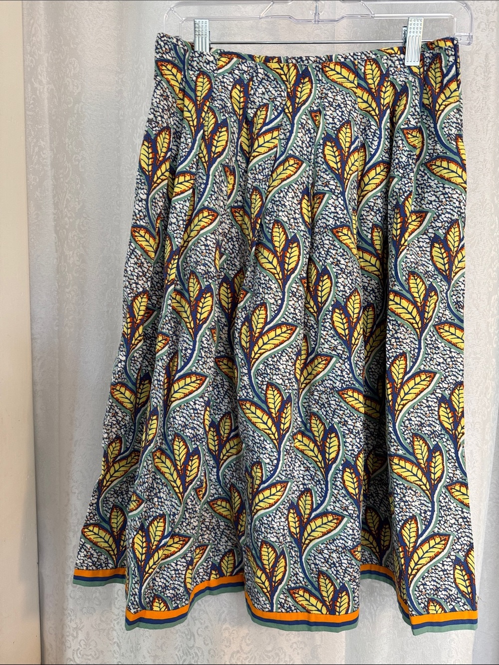 ZARA Yellow and Navy Leaf-Print Circle Skirt Sz: M